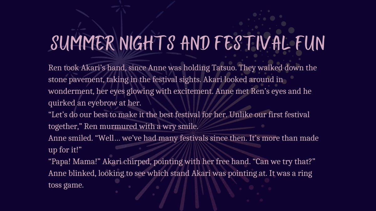 #ShuannWeek2k24 Day 3: Summer. Wrote a fic about Ren and Anne enjoying a summer festival with their adopted daughter Akari and baby son Tatsuo. Hope you guys enjoy!! @ShuannWeek  

AO3: archiveofourown.org/works/55099630 
FFN: fanfiction.net/s/14345727/1/S…