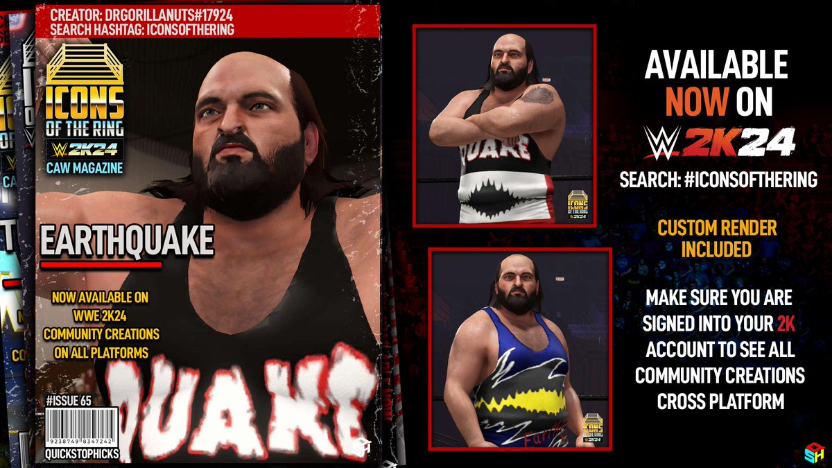 Pick up your copy of #WWE2K24 Icons of the Ring magazine featuring Earthquake. Available now! Creator: @DrGorillaNuts Moves: @The_SkyFactor Render: @BigChrisSpirito Beard Texture: @Defract Magazine Cover: @QuickStopHicks Search: #IconsOfTheRing