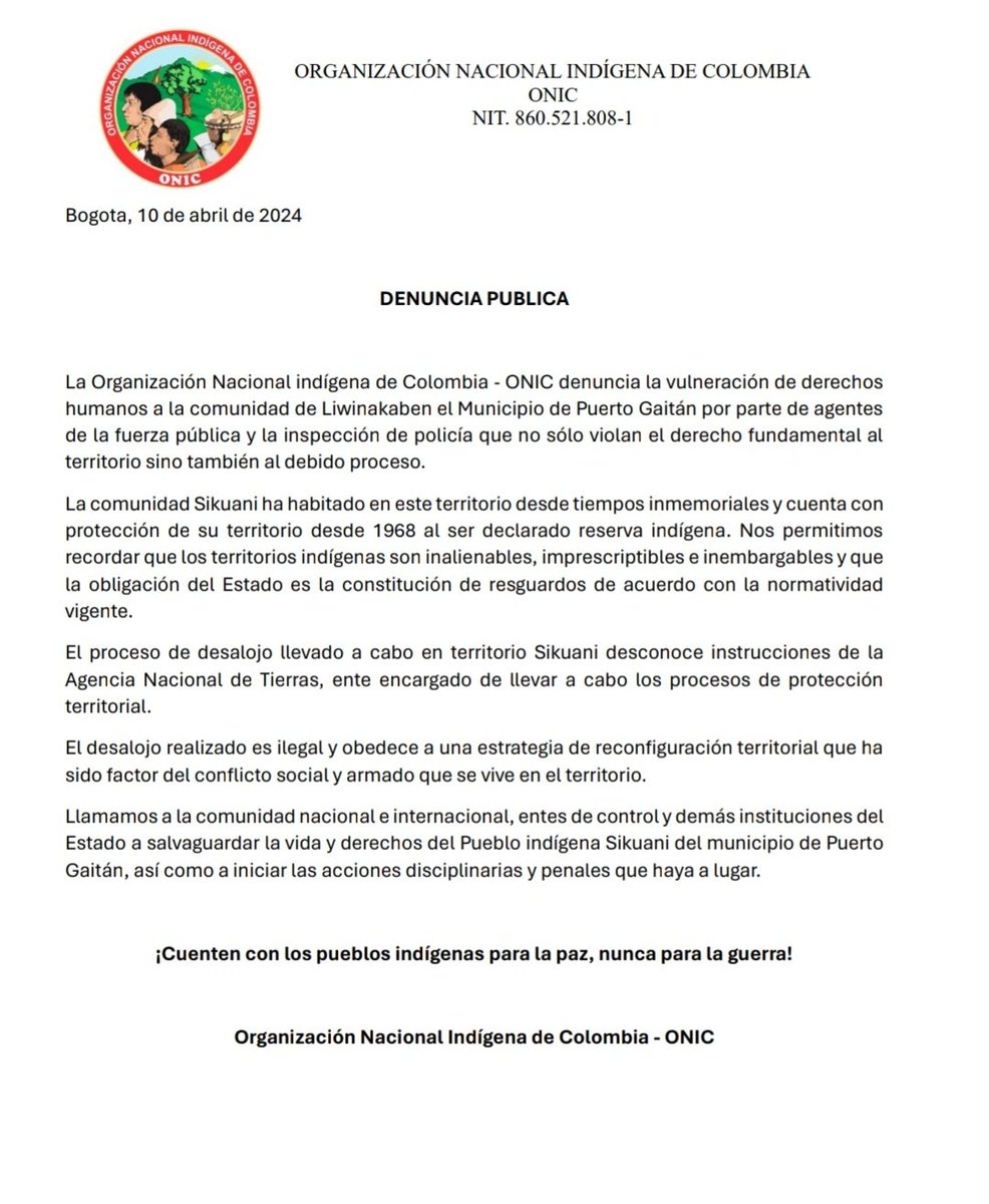 La organización nacional indigena de Colombia, denuncia la vulneración de derechos humanos a la comunidad de Liwinakaben en el municipio de puerto Gaitan. Exigimos al gobierno nacional y las entidades internacionales que tomen las medidas respectivas para defender los derechos…