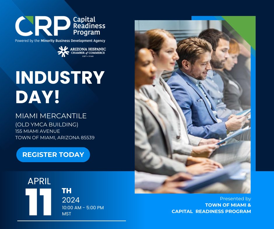 Join us tomorrow, April 11, for a groundbreaking 'Industry Day' event from 10 AM to 5 PM at the iconic Miami Mercantile, brought to you by AZHCC in partnership with the Town of Miami. zurl.co/lRnz #IndustryDay #AZHCC #NABEDC #CapitalReadinessProgram #ArizonaBusiness