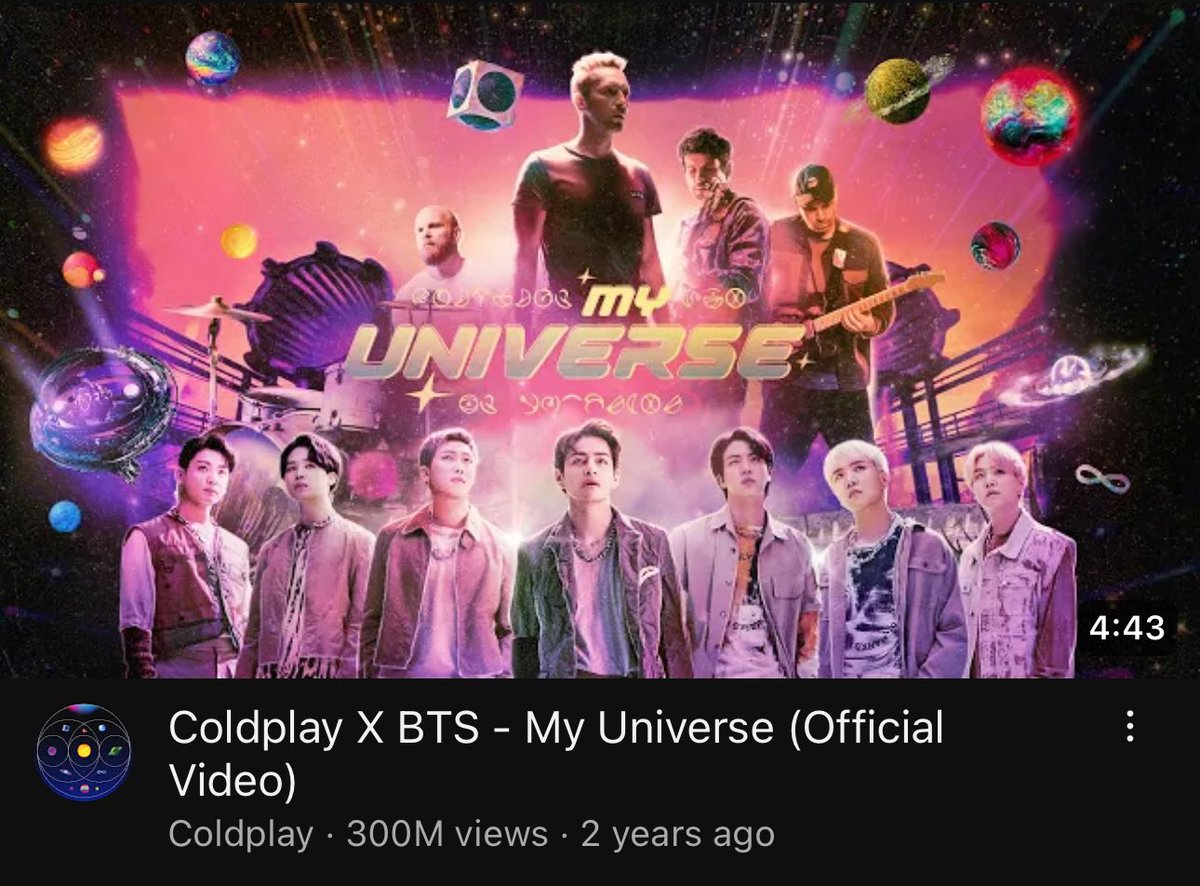 [CHART] O MV de 'My Universe', do Coldplay com o BTS (@BTS_twt), ultrapassou 300 MILHÕES de visualizações no YouTube! Eu acho que cabe mais! 🗣️ Parabéns, BTS! 👏🏻