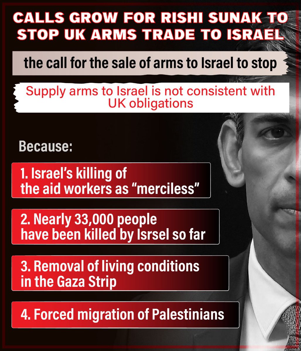 CALLS GROW FOR RISHI SUNAK TO STOP UK ARMS TRADE TO ISRAEL. #BDSMovement #SunakOut