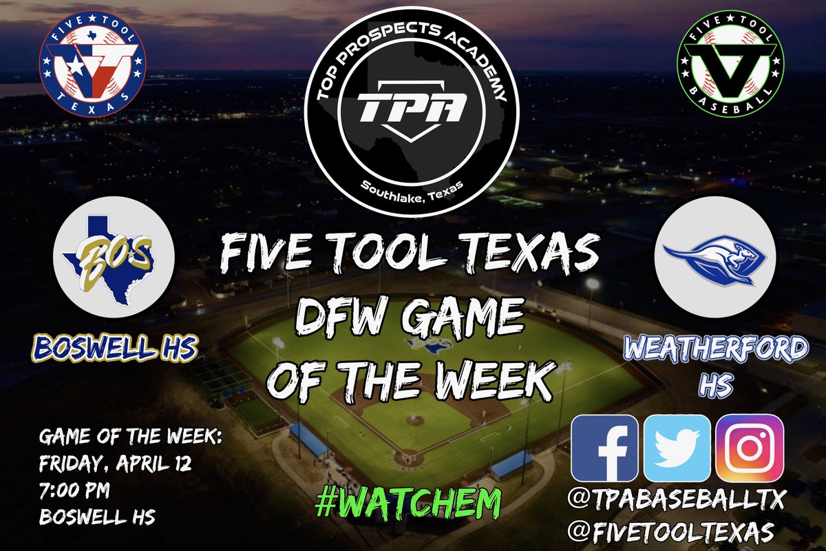 We will be at Boswell HS, 7:00 PM Friday, April 12 for the… 🚨@TPABaseballTX @FiveToolTexas DFW Game of the Week 🚨 Featuring: @BaseballBoswell vs. @WHSRooBaseball #WatchEm