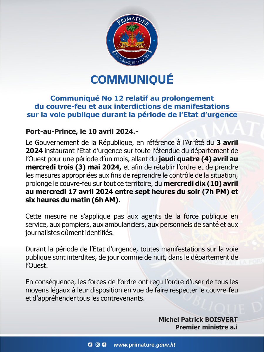 [1/6]

Communiqué No 12 relatif au prolongement du couvre-feu et aux interdictions de manifestations sur la voie publique durant la période de l’Etat d’urgence