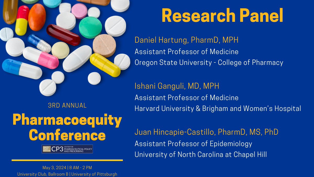 I'm presenting a talk titled 'Legal pharmacoepidemiology’s role in informing equitable pharmaceutical policies' at the upcoming 3rd #Pharmacoequity conference organized by @UREssien and @PittCP3 📅 Friday, May 3, 2024 💡Register here: cp3.pitt.edu/events/pharmac…