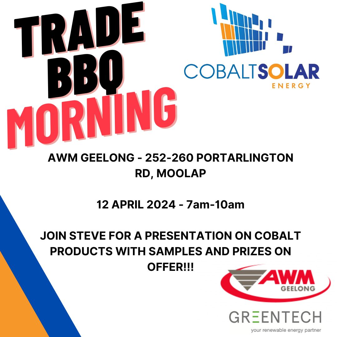 Join us and our friends at AWM Geelong tomorrow morning!

📆 12 April 2024
🕖 7:00am - 10:00am
📌 252 - 260 Portarlington Road, Moolap

See you there! 🤩

#awmgeelong #trademorning #cobaltsolarenergy #geelong #solarinstaller #solarenergy #renewables