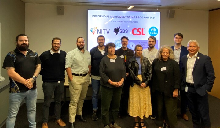 🎥After a busy day of training yesterday, this year's #Indigenous Media Mentoring team gathered for a group photo with @jpjanke. They've come from @aims_gov_au, @UQ_news, @CSIRO, @UniversitySA, @unisqaus @CSL to be at @SBS NITV studios Interviews happening today! #IMMP #IMMP2024