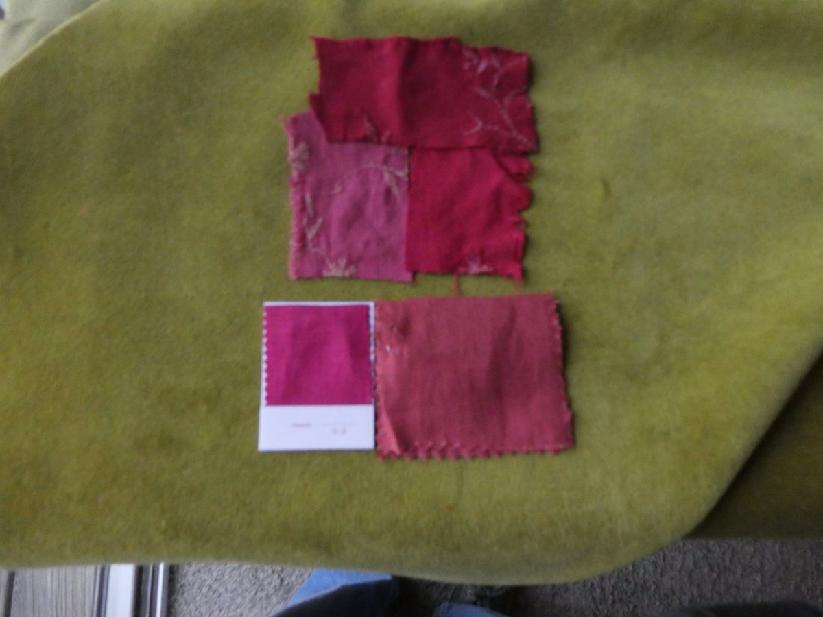 1) Back on my bullshit. This time for the #ChartruseVelvet #SewingProject. Experimented with dyeing the embroidered linen with fuscia dye to match the 'Sangria' swatch . Both over-dyeing (top) and using color remover and re-dyeing (mid right) Both came out too dark/scarlet.