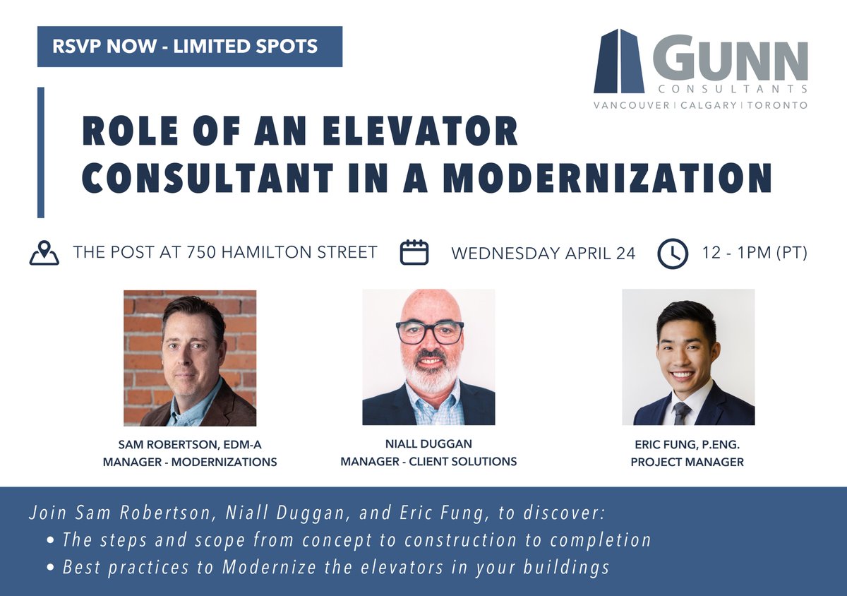 🗣 #PropertyManagers and #PropertyOwners
👨‍🏫Lunch & Learn: Role of an Elevator Consultant in a Modernization
⏰ Wednesday, April 24 (PT)⁠
👨🏻‍🏫 Sam Robertson, Niall Duggan, and Eric Fung, P.Eng.⁠
🌯 Lunch will be provided⁠
📧 media@gunnconsultants.com to RSVP