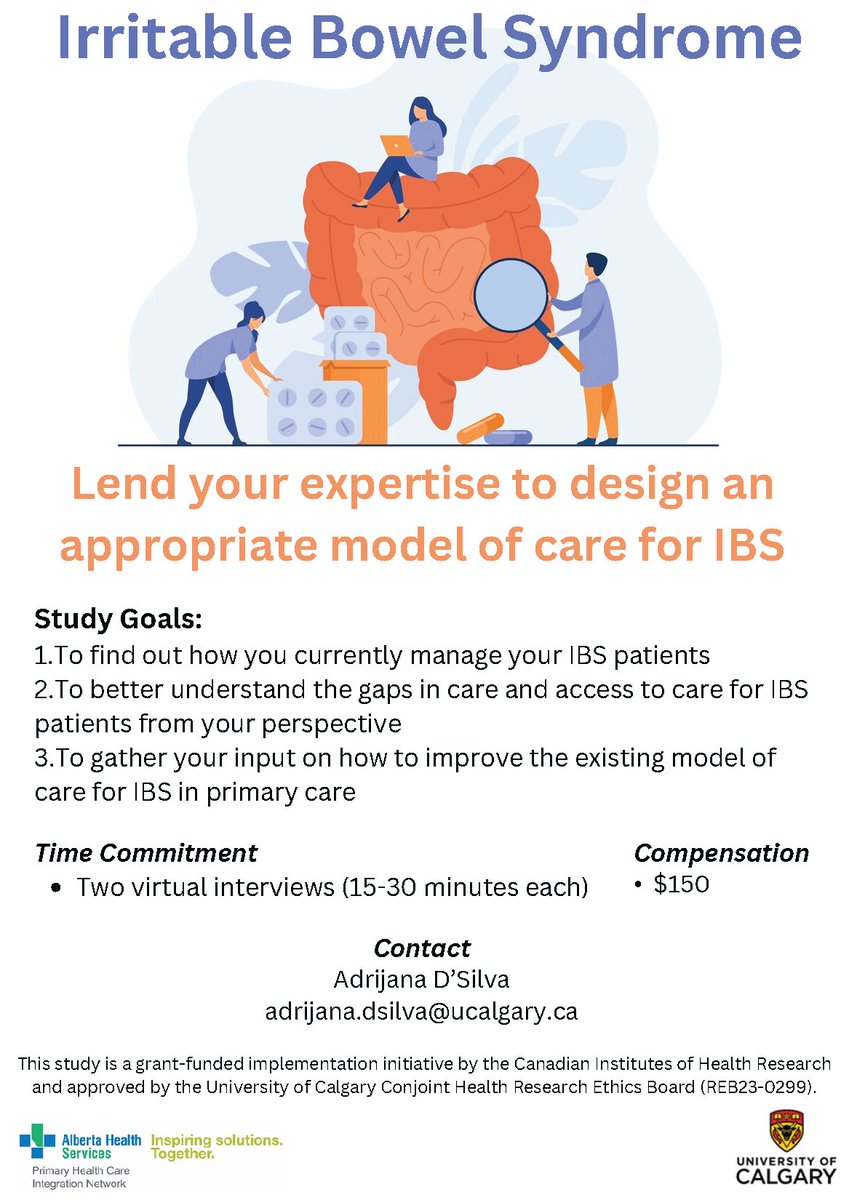 RECRUITING STUDY PARTICIPANTS: Lend your expertise to design an appropriate model of care for IBS Contact Adrijana D'Silva to learn more.