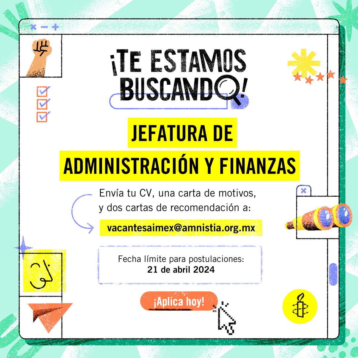 #VacantesAmnistía🕯️Buscamos a la persona que mantenga la salud financiera de la sección mexicana de Amnistía Internacional. 💛 ¡Aplica hoy! 📆 Fecha límite: 21 de abril 2024 💼 Más información: amn.st/6014ZQ4Q6