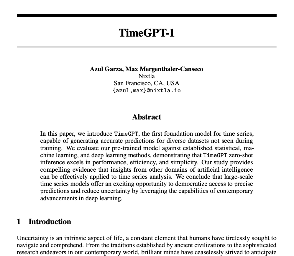 TimeGPT is the first foundation model specifically designed for time series analysis. It excels at generating precise forecasts across a diverse range of datasets and domains. Here's what you need to know about it: 1/8