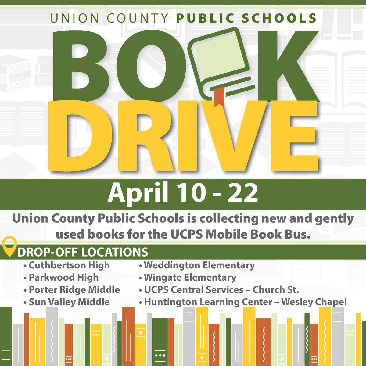 The Book Drive is live! We are collecting new and gently used books for the #UCPS Mobile Book Bus now through April 22. The goal is to help students improve their literacy skills over the summer. See the graphic for drop-off locations! @AGHoulihan
