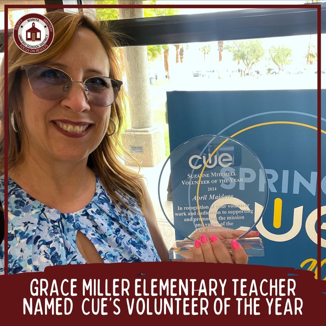 Grace Miller Elementary School first-grade teacher April Maidens has been recognized with the second annual Suzanne Mitchell Award by @cueinc, honoring her years of volunteer work for the nonprofit!