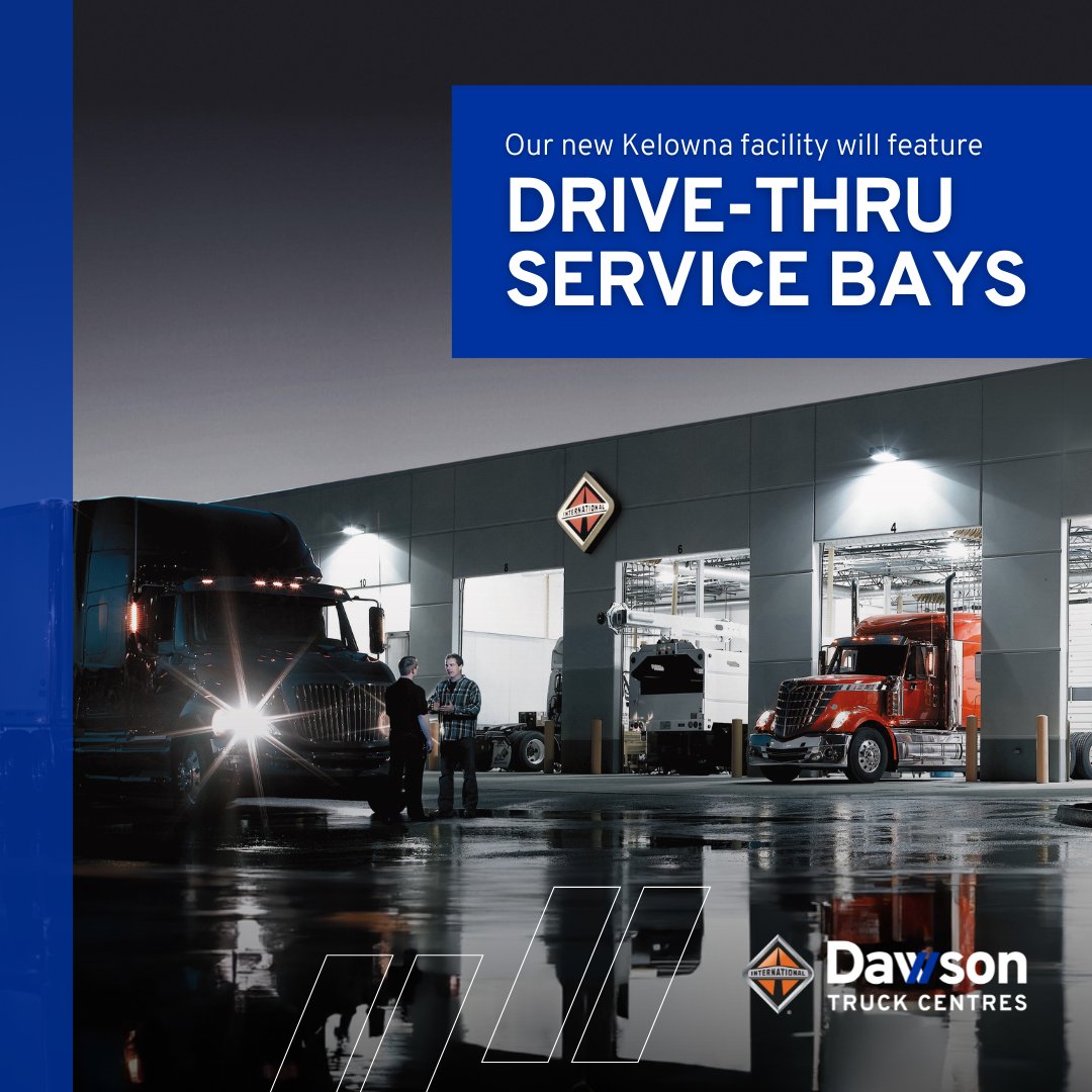 Our new #Kelowna facility features six drive-thru service bays, accommodating up to 16 vehicles. This will not only elevate our #service efficiency but also increase #safety. Learn more: dawsontruckcentres.com/new-kelowna-lo…

#Okanagan #KelownaBusiness #InternationalTrucks #DawsonTruckCentres