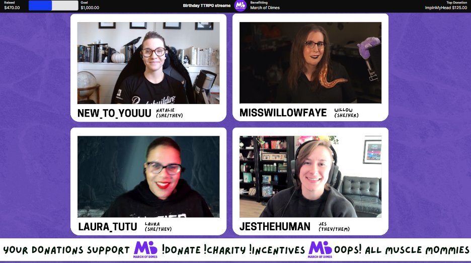 If you're not watching our Oops! All Muscle Mommies Thirsty Sword Lesbians game, WYA??? Join @New_to_Youuu @MissWillowFaye @Laura_Tutu + me as we raise funds for March of Dimes! 🔴 twitch.tv/jesthehuman