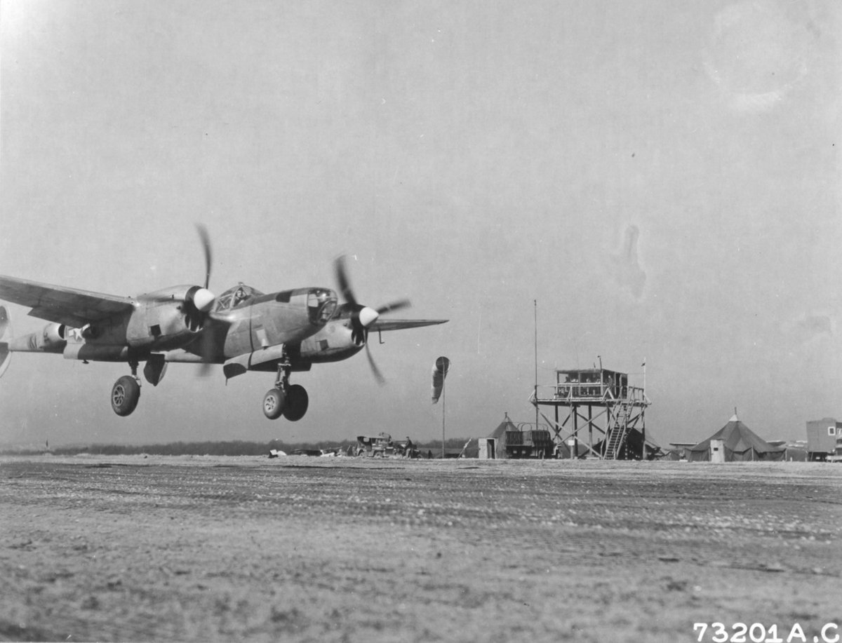 P-38J Lightning Droop Snoot with the 402nd Fighter Squadron coming in for a landing, possibly at Sandweiler, Luxembourg, Apr 10 1945. 

#ww2 #wwii #worldwar2 #warbirds