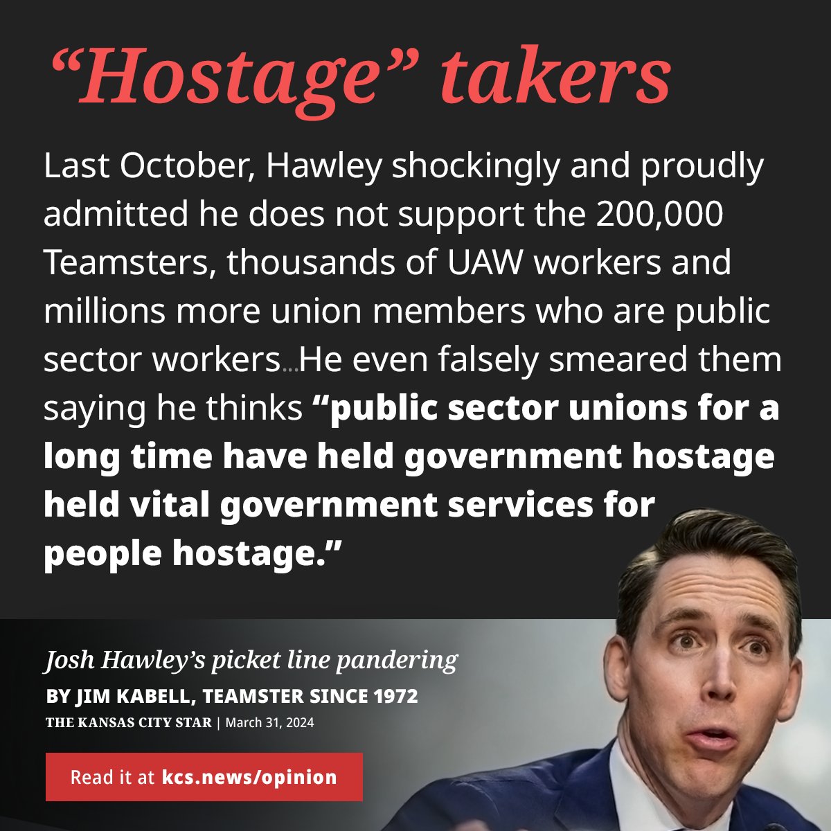 Josh Hawley's been to 2 picket lines his entire life and acts like that makes him Mother Jones. He can't help but sing a different tune about the workers who are most directly impacted by his power. @HawleyMO is worse than a scab — he's a union buster. yhoo.it/3IYALdh