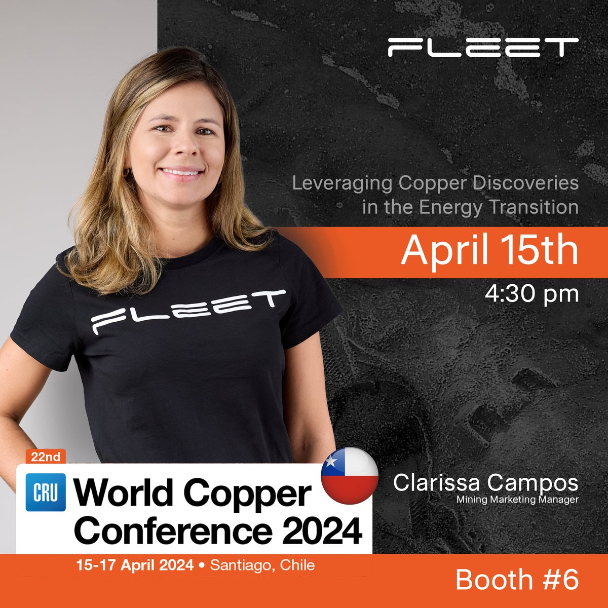 Fleet Space will be at the #WorldCopperConference during #CESCOWeek next week. 🚀 Join us for a special presentation by Clarissa Campos, our Mining Marketing Manager, on Leveraging Copper Discoveries in the Energy Transition, April 15th at 4:30 pm. See you there!