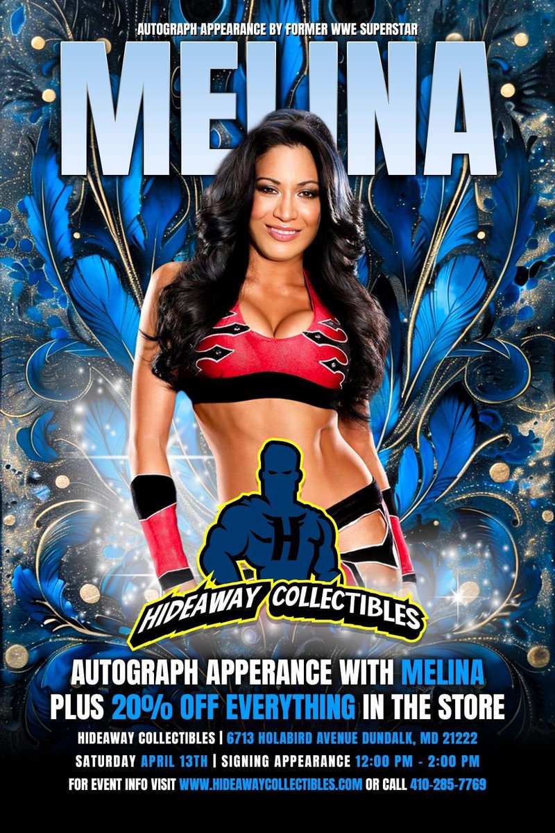 Before she heads west for #MCWSpringFever in Frederick, #Maryland, meet former #WWE Superstar & #MCWProWrestling Women’s Champion, @RealMelina, at Hideaway Collectibles in Dundalk, Maryland on Saturday April 13th from 12-2PM‼️ In addition, save 20% on EVERYTHING in store 👀