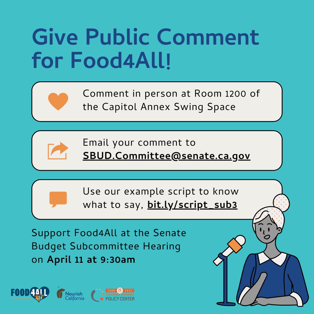 Join @Nourish_CA and @CALImmigrant in Sacramento on 4/11 at 9:30am for a Senate Budget hearing! We need you to show your support for #Food4All 💛Give public comment in person or over email– just use our script! bit.ly/script_sub3 #NoExceptionsNoExclusions #NoDelays