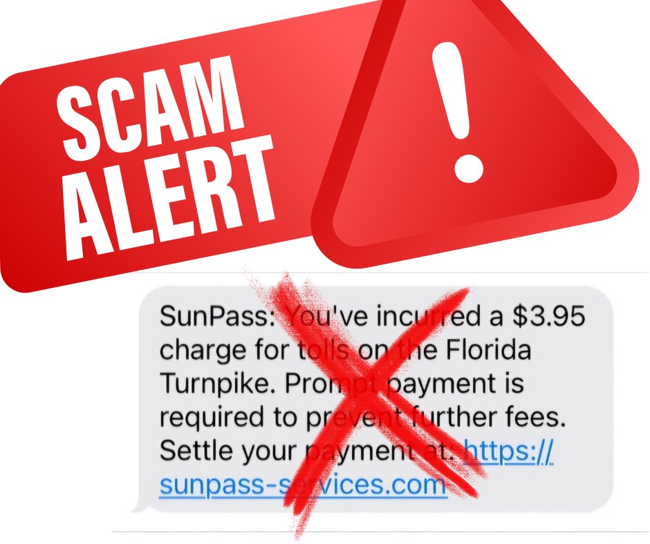 Attn SunPass Customers: SunPass has been alerted to phishing attempts targeting the public. Remember, we'll never ask for immediate payments or urgent actions via text. If in doubt, call SunPass at 1-888-865-5352 or email: TPK.SunPass_fdot@dot.state.fl.us for assistance.