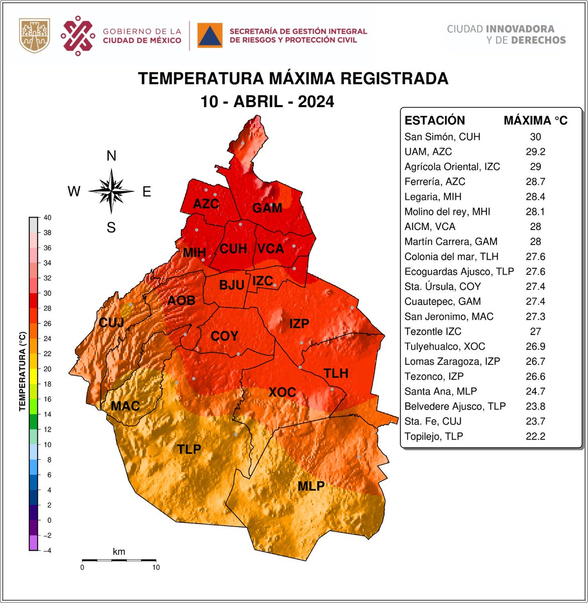 Distribución espacial de las temperaturas máximas registradas el 10/04/2024 por las redes de estaciones de la SGIRPC, CONAGUA y SENEAM. #LaPrevenciónEsNuestraFuerza