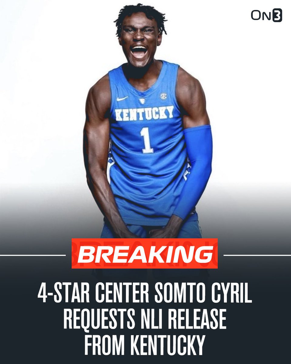 🚨BREAKING🚨 4-star center Somto Cyril has requested his NLI release from Kentucky, per @TiptonEdits. He is the third Wildcats signee to reopen their recruitment since John Calipari's departure. Read: on3.com/college/kentuc…