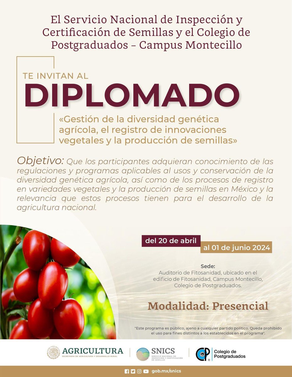 1.- D I P L O M A D O ➡️ Gestión de la diversidad genética agrícola, el registro de innovaciones vegetales y la producción de semillas ⬇️ drive.google.com/file/d/1eOZLAR…