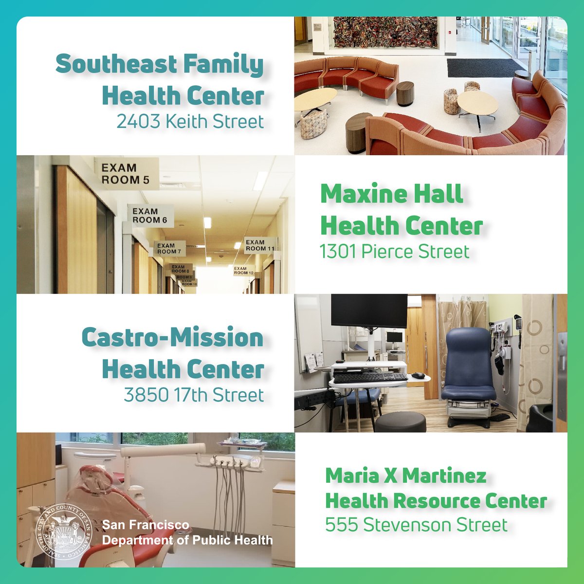 Four of our community clinics were improved to better serve #SF with funding from the voter-approved 2016 Public Health and Safety Bond: 🏥 Southeast Family Health Center 🏥 Maxine Hall Health Center 🏥 Castro Mission Health Center 🏥 Maria X Martinez Health Resource Center