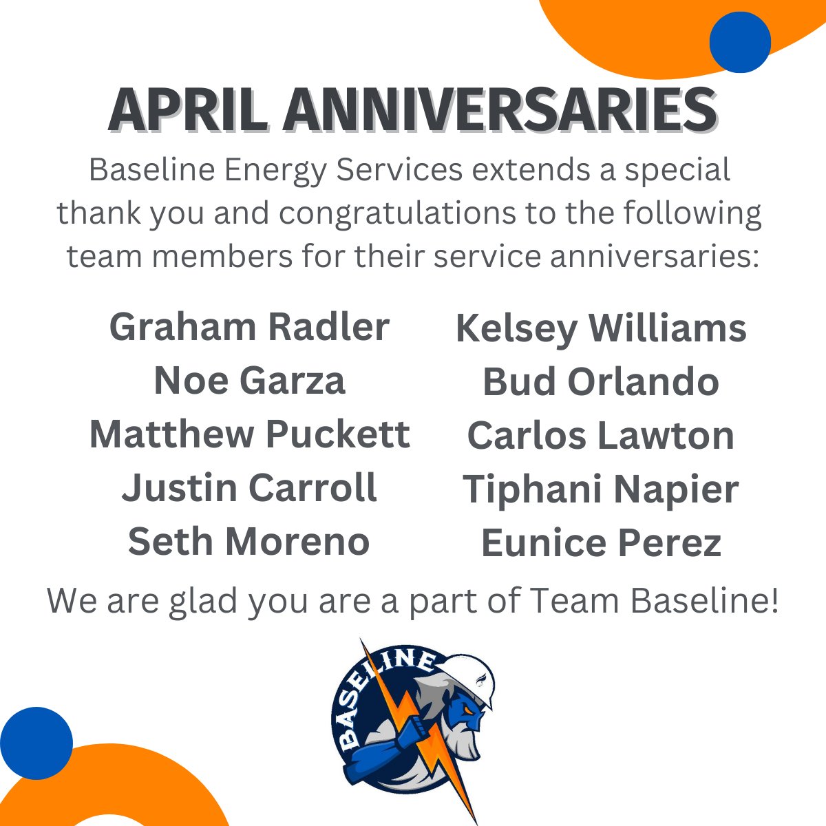 Congratulations to our April work anniversaries this month!🎊👏🎉 

Thank you for taking another trip around the sun with us!
#teambaseline #workanniversary #companyanniversary #service
