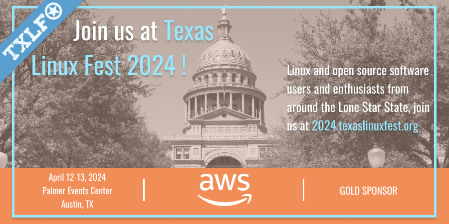 Texas LinuxFest (@texaslinuxfest) on Twitter photo A huge thank you goes out to <a href="/awscloud/">Amazon Web Services</a> for being a Gold Sponsor of #TXLF 2024!
Join us at Texas Linux Fest THIS WEEK on April 12-13, 2024 in Austin, TX! 2024.texaslinuxfest.org/pricing/ A huge thank you goes out to <a href="/awscloud/">Amazon Web Services</a> for being a Gold Sponsor of #TXLF 2024!
Join us at Texas Linux Fest THIS WEEK on April 12-13, 2024 in Austin, TX! 2024.texaslinuxfest.org/pricing/