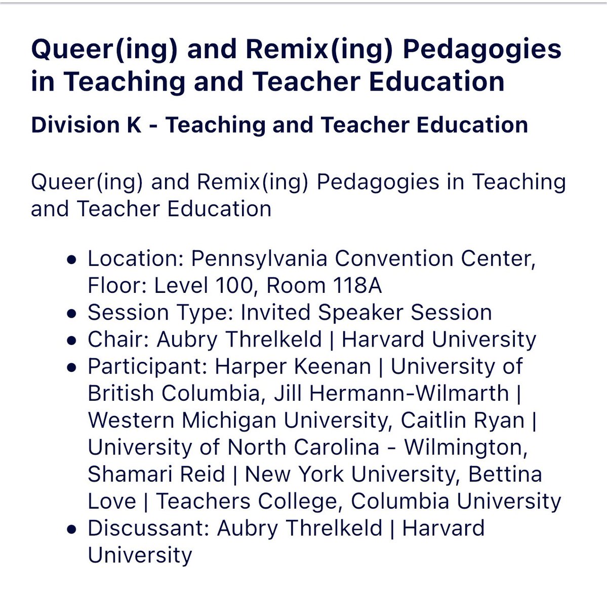 See you tomorrow #AERA24. I don’t have a cool flyer or anything but come join me for this div k vice presidential session on queering and remixing pedagogy. ❤️
Thursday, April 11th
10:50am-12:20pm