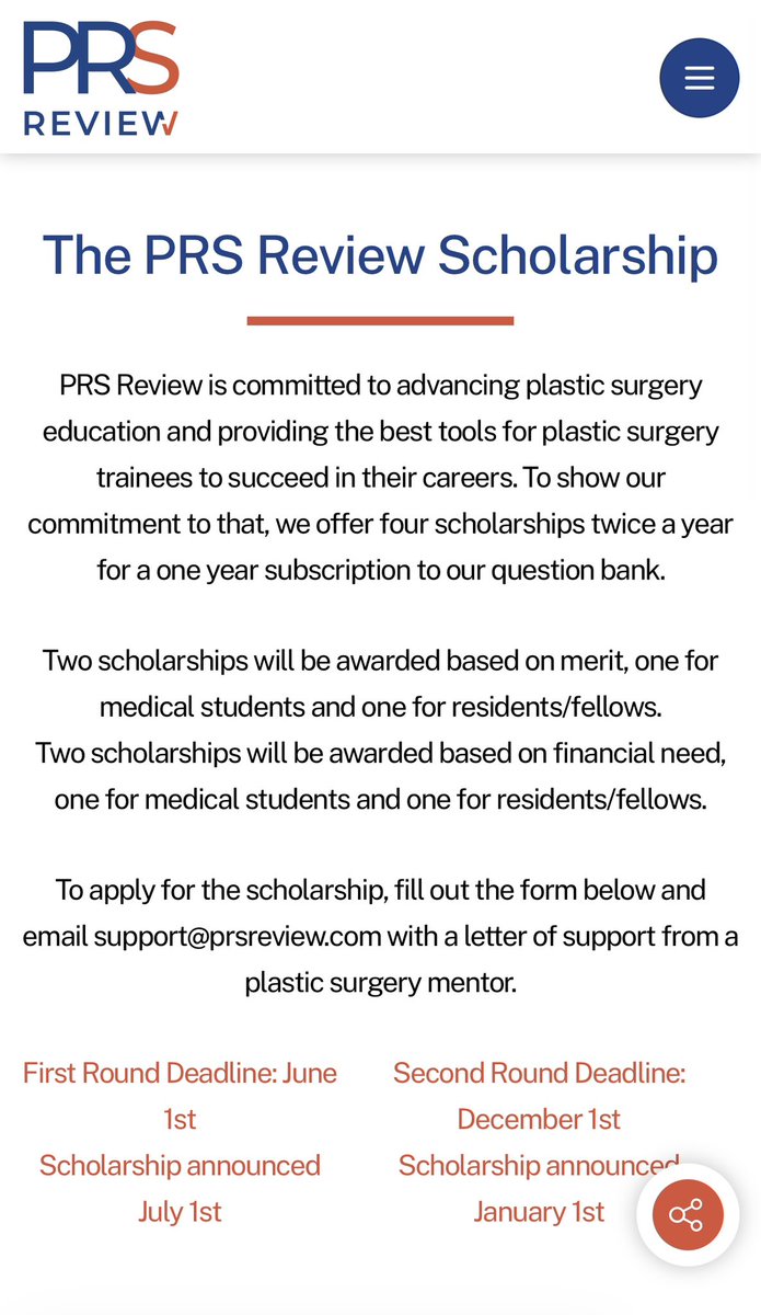 ✨Announcing the PRS Review Scholarship ✨ We are giving back by awarding two medical students and two plastic surgery residents/fellows a one year subscription to our platform twice a year. Application information is available on our website!