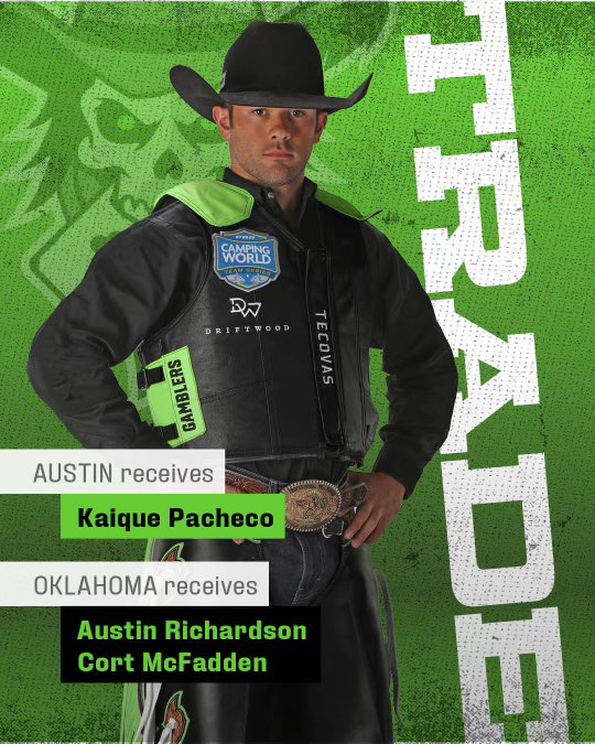 BLOCKBUSTER TRADE! The @Austin_Gamblers go all in on the Ice Man Kaique Pacheco trading both Austin Richardson and Cort McFadden to the @okwildcatters_ for the 2018 World Champion.