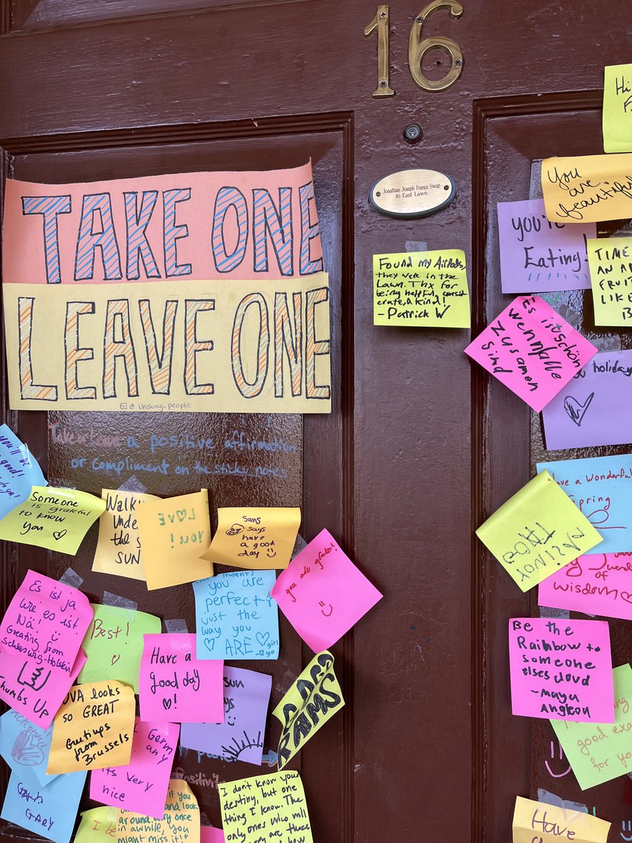 Positive affirmations ⁦@UVA⁩ on the outside of one of the student rooms. Love the, ‘Take One, Leave One’ sticky notes!