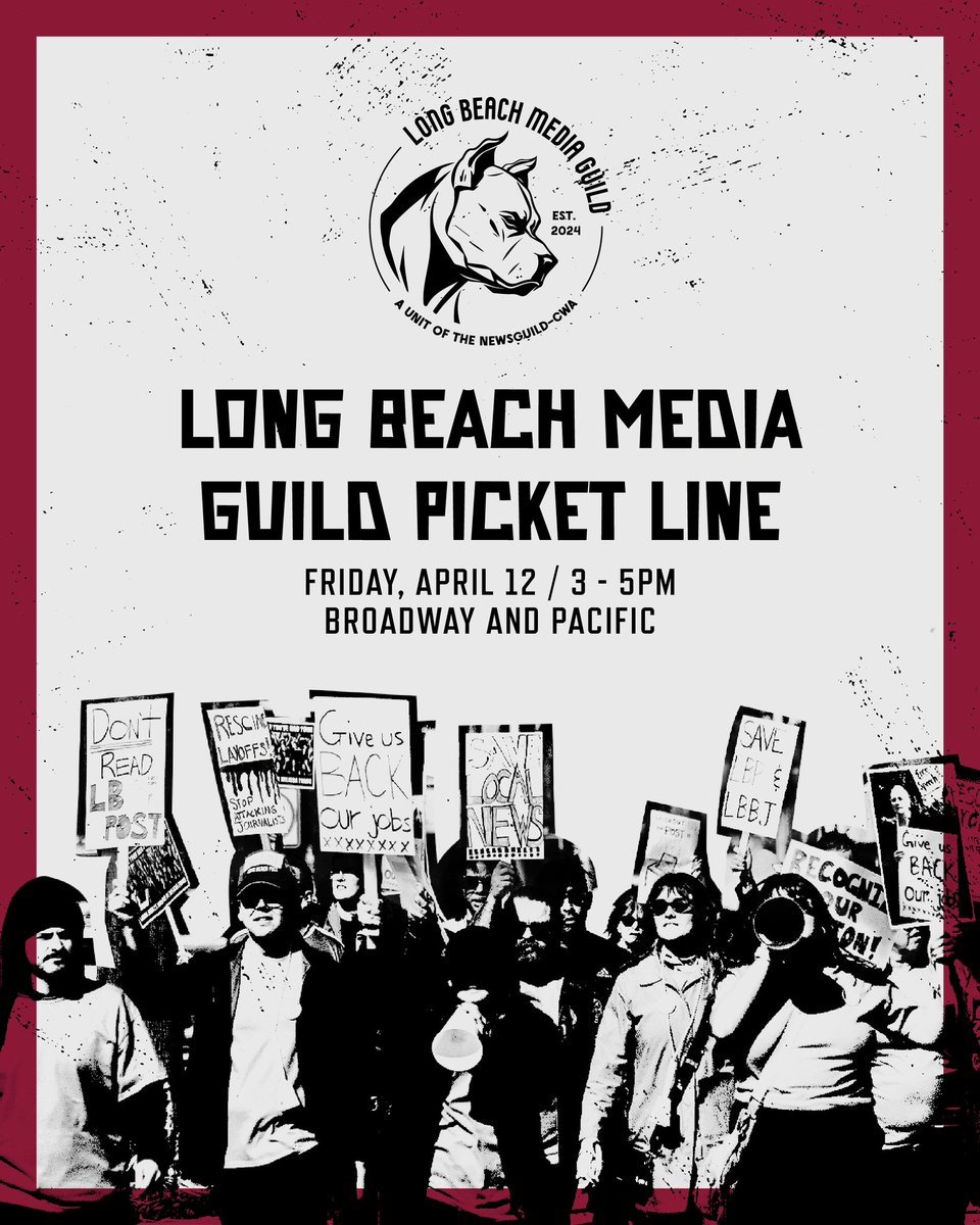 📣 ACTION ALERT! 📣 Join us in solidarity this Friday, April 12 at the corner of Broadway and Pacific from 3-5PM as we continue to protest the illegal and retaliatory layoffs that have decimated the Long Beach Post and Business Journal. All are welcome - wear red and black!