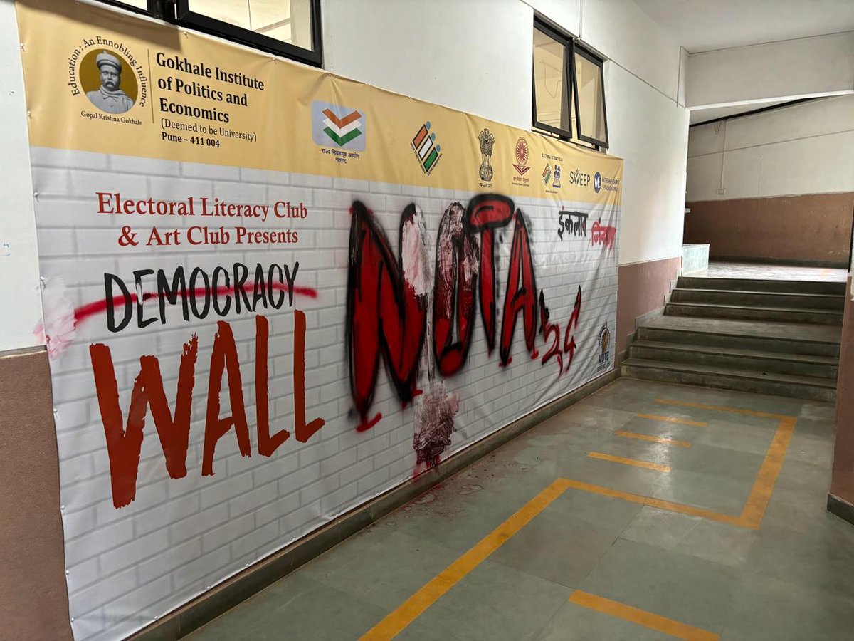 Shocking reports from once prestigious Gokhale Institute Pune- Walls being used for #leftist propaganda, misusing official Election Commission @ECISVEEP & Govt of India emblems. In the name of democracy, #NOTA being aggressively promoted as of ECI n Govt of India advertisement