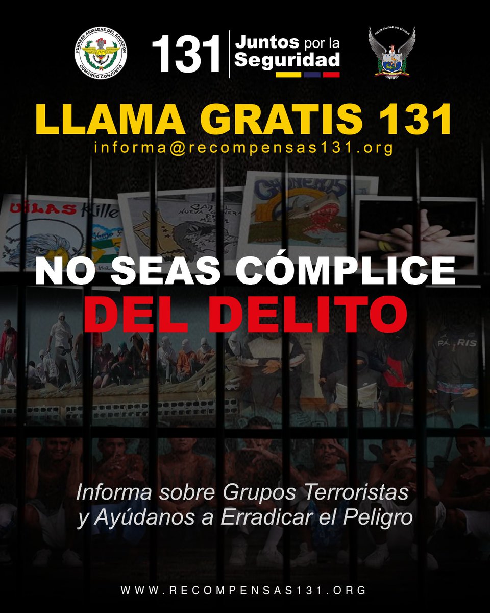 No seas cómplice. Tu silencio puede alimentar la violencia. Si tienes información sobre grupos terroristas, no dudes en informarnos.
 #Carchi #ElOro #Esmeraldas #Guayas #Imbabura #Manabi #MoronaSantiago #Sucumbios #Pastaza #Pichincha #SantaElena @FFAAECUADOR @PoliciaEcuador