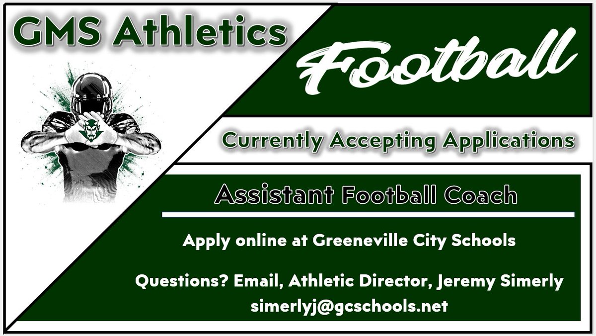 jeremy_simerly's tweet photo. GMS Athletics 
GMS Athletics is currently accepting applications for Assistant Football Coach. 
Apply online at Greeneville City Schools. 
Go Devils!
@gms_tn @racheladamstn @CoachMcCall65
@PhilbeckGMS @sizmore48 https://t.co/y7ZPAsBf0D