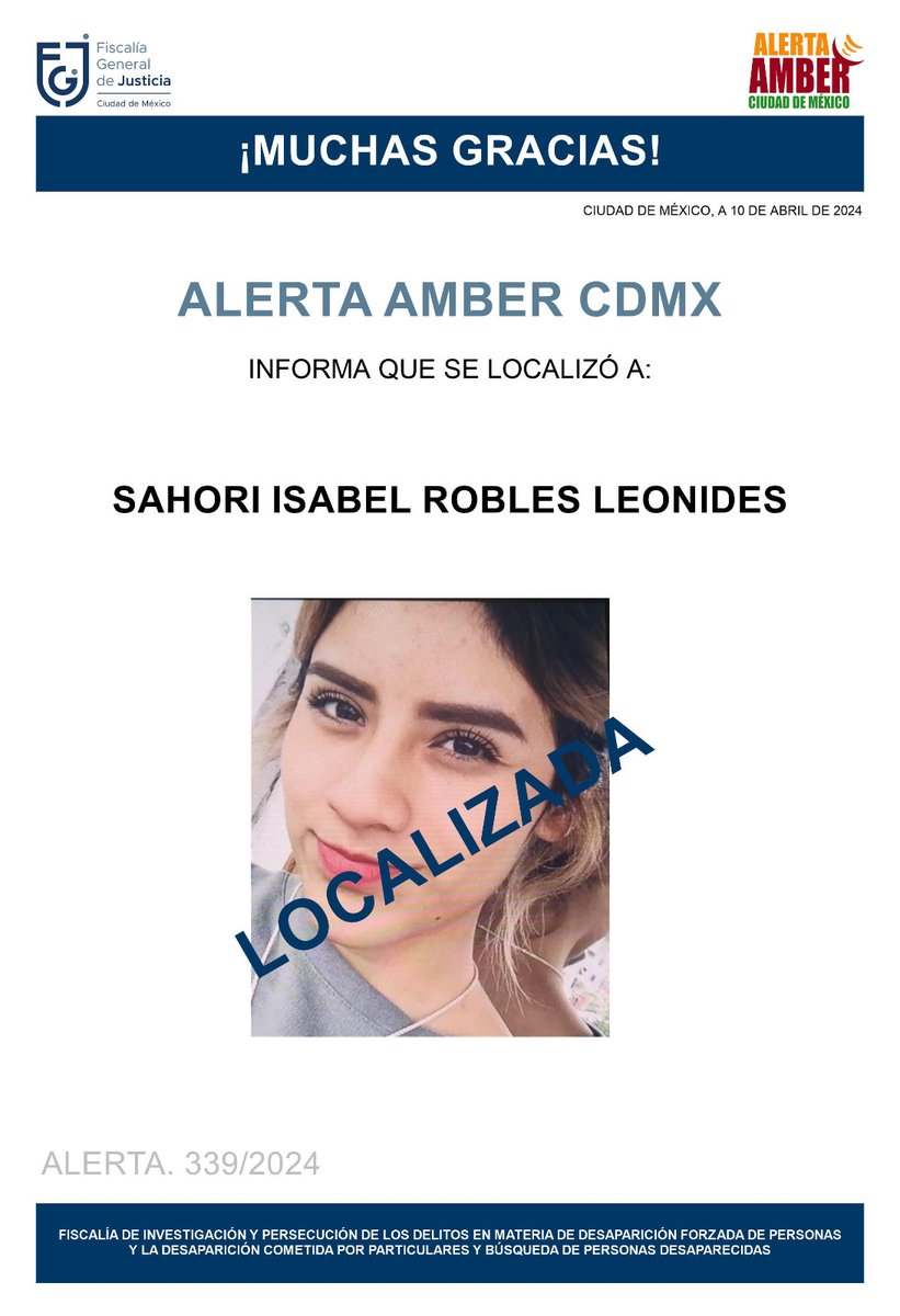 Ha sido localizada la menor de edad, Sahori Isabel Robles Leonides, agradecemos a la ciudadanía, medios de comunicación e instituciones. Se desactiva #AlertaAmber