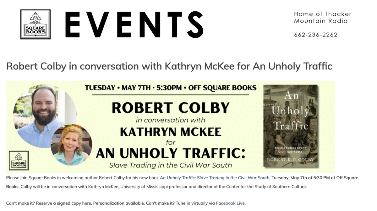 I'm looking forward to sharing my book with you all in person at several events in the coming months. I'm particularly glad to debut it here in Oxford @SquareBooks. Thanks to Katie McKee of @SouthernStudies for agreeing to discuss it with me! If you're in the area, come join us!