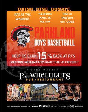 Head over to PJ’s on Thursday April 25th, and make sure to mention Parkland Boys Basketball at checkout!