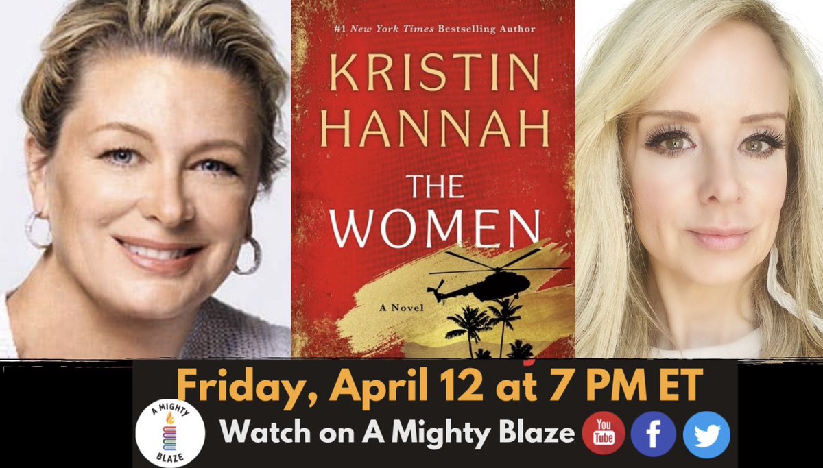 I have the great privilege of talking to #KristinHannah @belovung_birds FRI 7 PM ET on @AMIGHTYBLAZE about her #1 bestseller THE WOMEN--heartbreaking, relevant, vivid #histfic about the nurses of Vietnam, who were then told they were never there. 🚁🏥bit.ly/_AMBYouTube