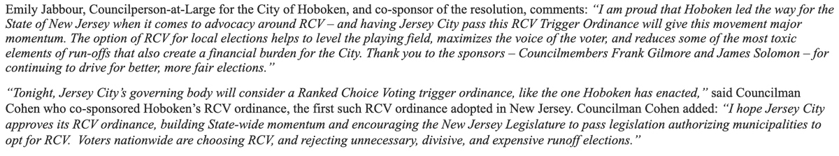 .@HobokenEmily & @PhilipHCohen weigh in ahead of the #JerseyCity Council's vote on a ranked-choice voting trigger ordinance. “I am proud that #Hoboken led the way ... when it comes to advocacy around RCV ... & having JC pass this ... will give this movement major momentum.'