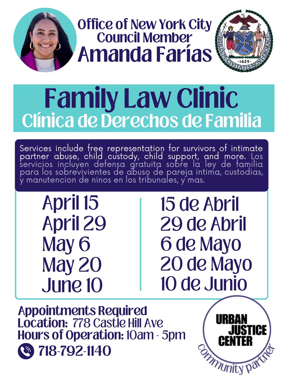 Every month my office hosts dedicated days for free family law clinics in coordination with @UrbanJustice. We still have appointments available for April, May, and June. Contact my district office to reserve your appointment time today!