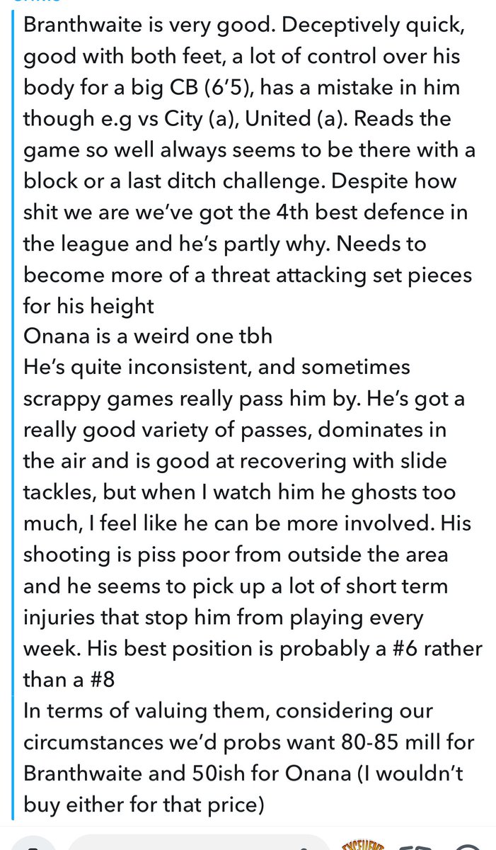 My friend from Uni who is an Everton fan & watches every game in detail on Branthwaite & Onana. Thought i’d share since they’re both transfer targets for Manchester United.