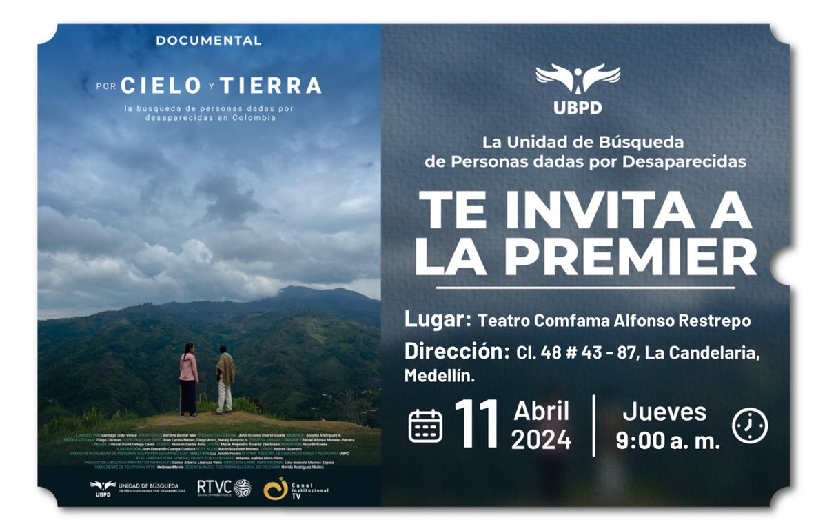 pobremuchacha's tweet photo. Mañana se estrenará el documental “Por cielo y tierra” de la @UBPDcolombia, que muestra las historias de cinco mujeres buscadoras de sus seres queridos desaparecidos. 
En Medellín hay función presencial a las 9 de la mañana en Teatro Comfama de San Ignacio, es con aforo limitado. https://t.co/0LuinSwdP3
