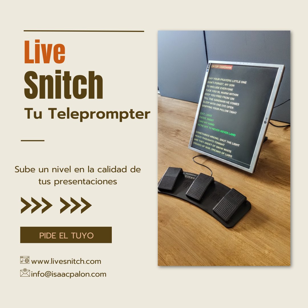 ¿Necesitas un Teleprompter?
Aquí te presento LIVE SNITCH, última tecnología a un precio ridículo. Ahora con app para editar las canciones y llevarlas siempre en el bolsillo!