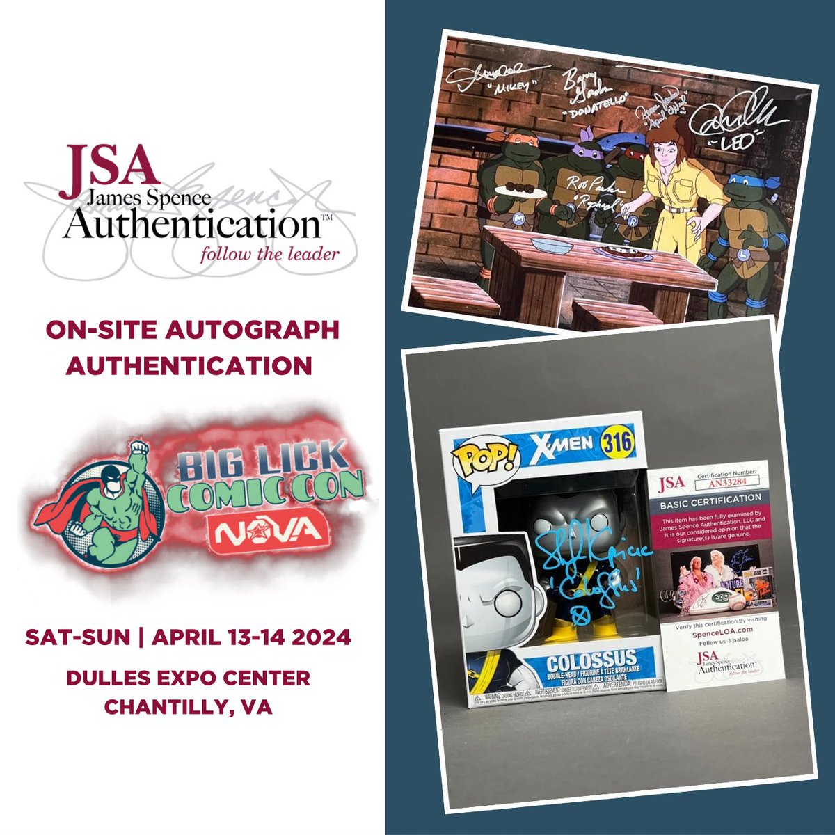 JSA will be back in Chantilly this weekend at @biglickcomiccon NOVA (APRIL 13-14) Authentication is $10/autograph for any item signed at the event or submit outside items for fees starting at $20. See a JSA representative after getting your item signed. Visit…